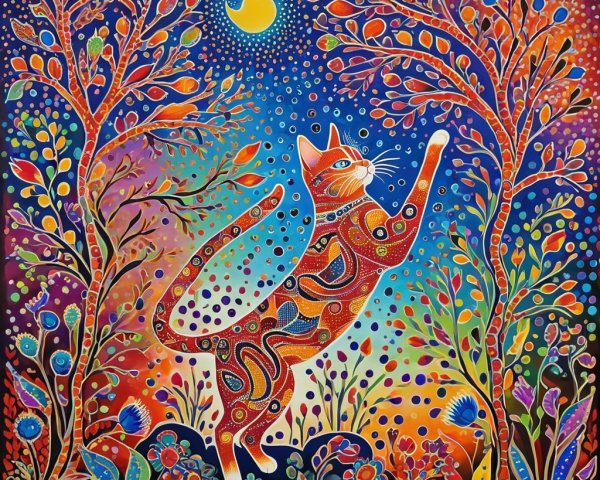Colorful Cat and Whimsical Moon in Dreamlike Scene