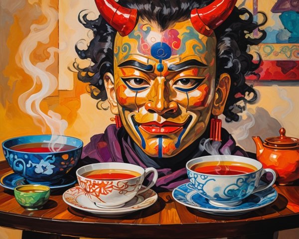 Colorful Mask with Teacups in Ornate Setting