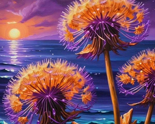 Surreal Dandelion Flowers Against Sunset Ocean Scene