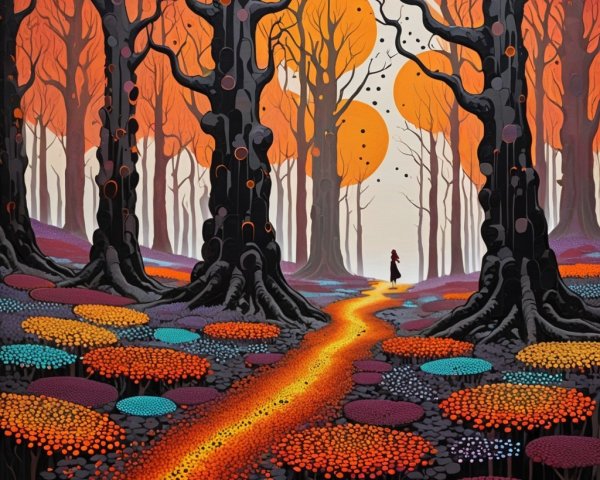 Surreal Vibrant Forest with Glowing Path and Trees