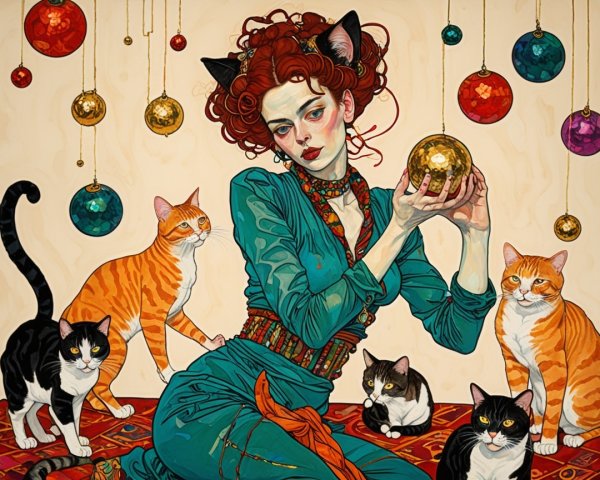 Whimsical Scene of Woman with Cat Ears and Cats