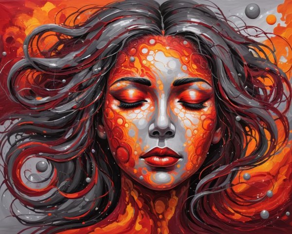 Serene Woman's Face in Swirling Red and Orange Colors