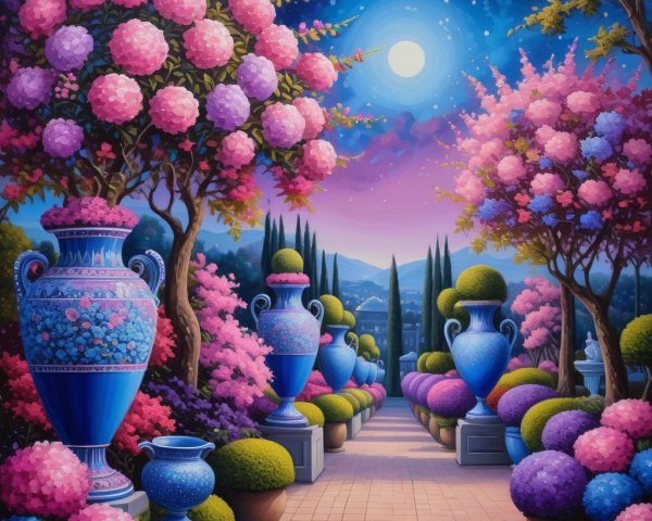 Vibrant Garden Path with Floral Trees and Twilight Sky