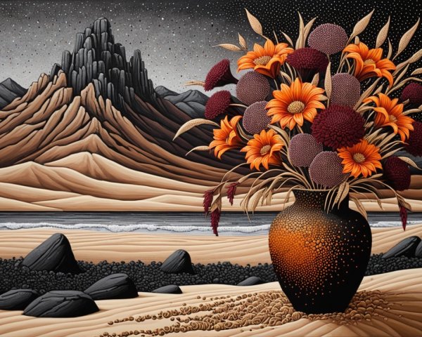 Stylized Landscape with Vibrant Flowers and Stars