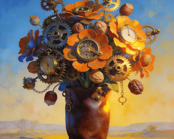 Steampunk Still Life with Flowers and Gears