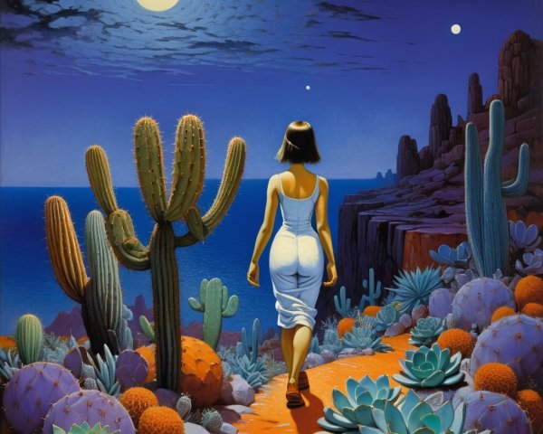 Woman in white dress on path with cacti at night