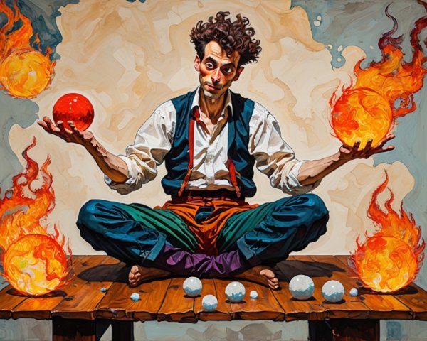 Colorful Juggler with Fiery Balls on Wooden Platform