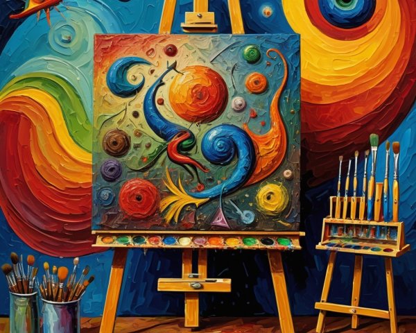 Vibrant Art Studio with Colorful Painting and Supplies