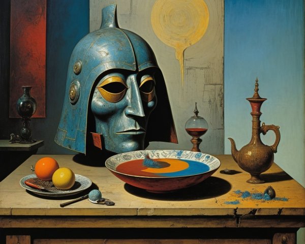 Still Life with Blue Gladiator Helmet and Fruit