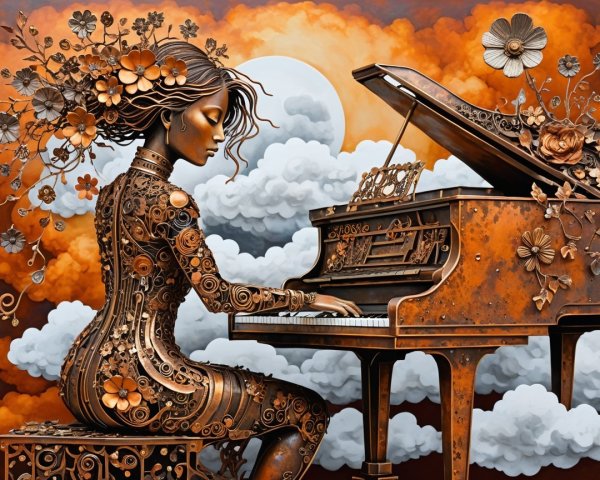 Sculptural Woman with Floral Hair Playing Piano