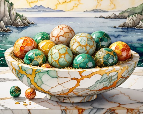 Colorful Eggs in a Bowl Against a Seascape Background
