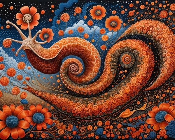 Whimsical Artwork of Snail in Colorful Garden Scene