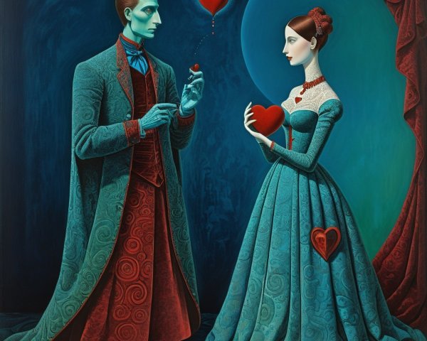 Surreal Scene of Heart Exchange Between Two Figures
