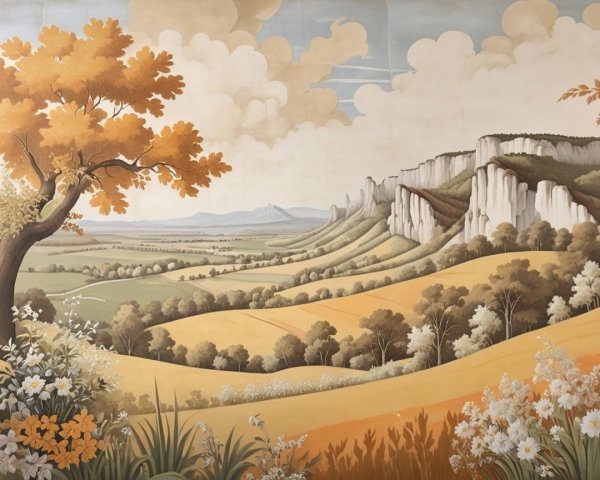 Scenic Landscape Mural of Hills and Autumn Trees