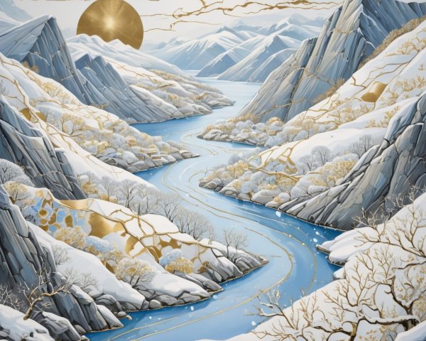 Serene Winter Landscape with Snowy Mountains and River