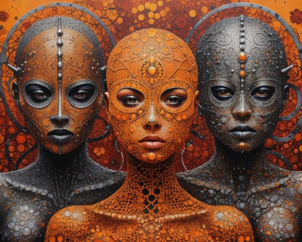 Three Humanoid Figures with Dotted Patterns in Artwork