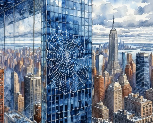 Cityscape with Skyscrapers and Spider Web Art