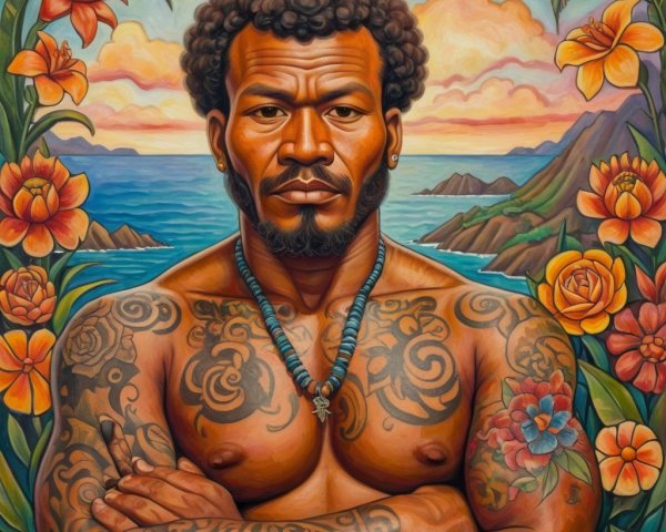 Muscular Man with Curly Hair and Vibrant Tattoos