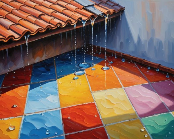 Colorful Tiles and Water Reflections in Vibrant Scene