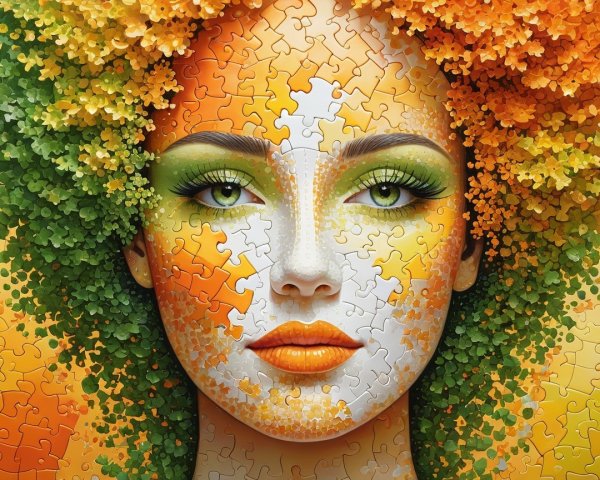 Colorful Puzzle Portrait of a Woman with Vibrant Hair