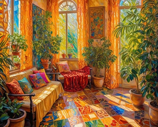 Brightly Colored Sunlit Room with Cozy Decor