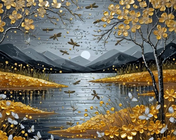 Intricate Outdoor Scene with Full Moon and Lake