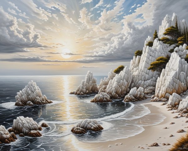 Coastal Landscape with Rock Formations and Sunset