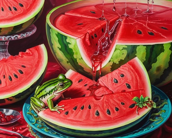 Vibrant Still Life of Sliced Watermelons and Frog