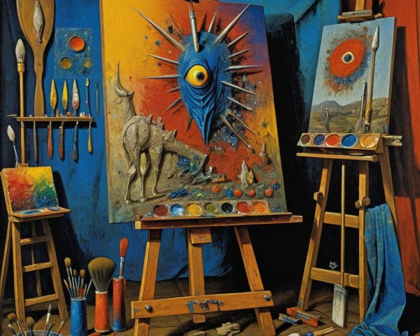 Artist's studio with vibrant surreal canvases and tools