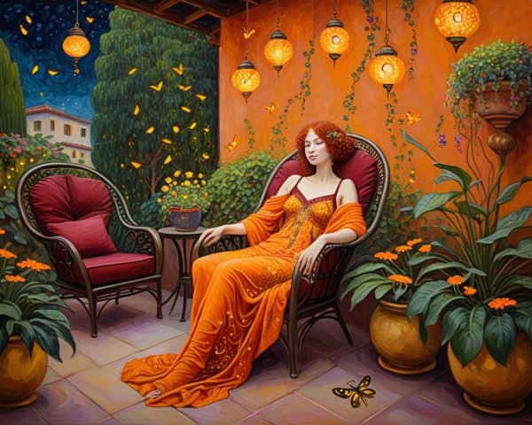 Serene Outdoor Scene with Woman in Orange Gown