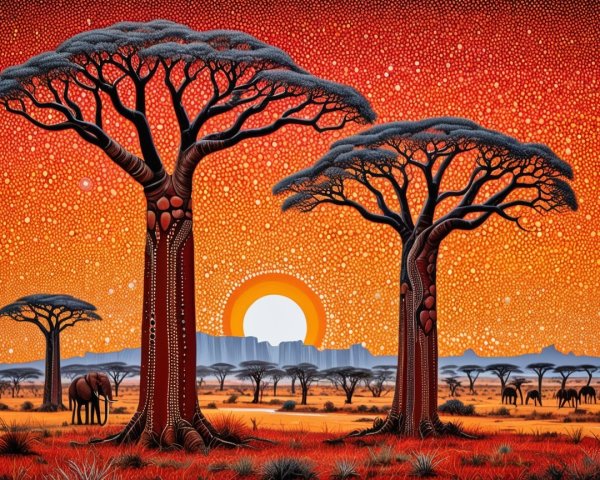 Sunset Over African Landscape with Baobab Trees and Elephants