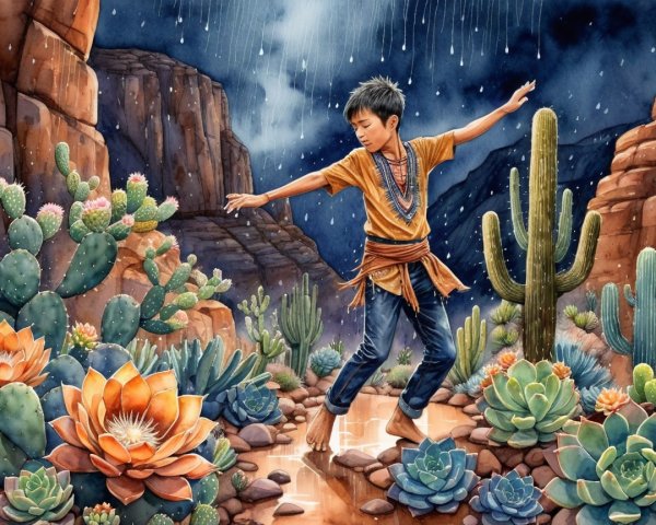 Young Boy Balancing on Stones in Desert Landscape