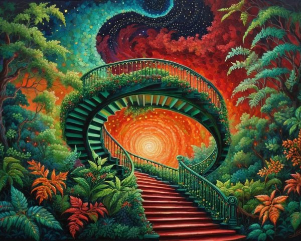 Surreal Grand Staircase with Vibrant Nature and Vortex