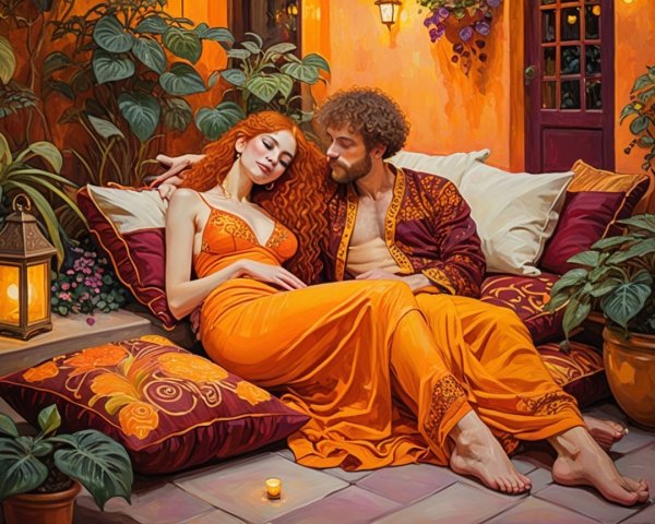 Couple Relaxing in a Warm-Toned Romantic Setting