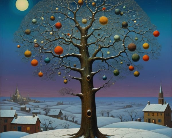 Surreal Winter Landscape with Ornaments and Moonlight