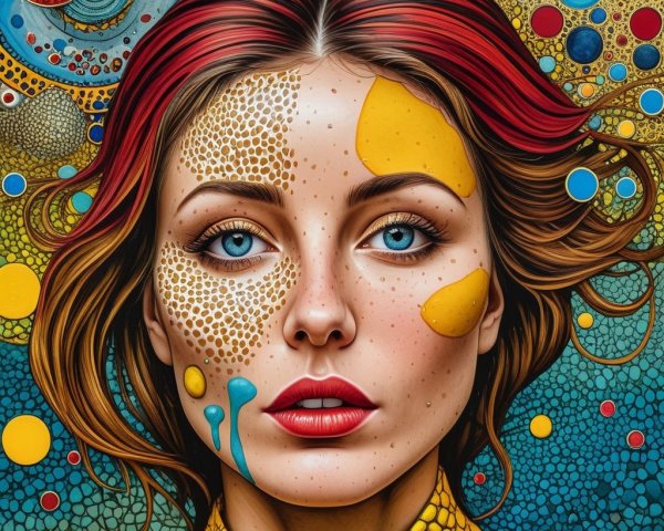 Woman with Blue Eyes and Red Hair in Abstract Art