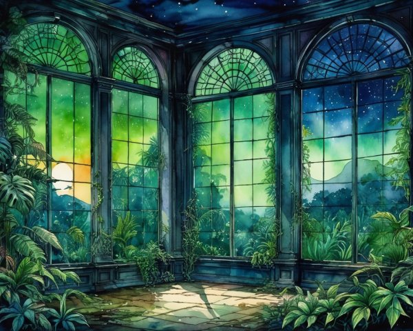 Serene Glass Conservatory with Lush Greenery and Sunset