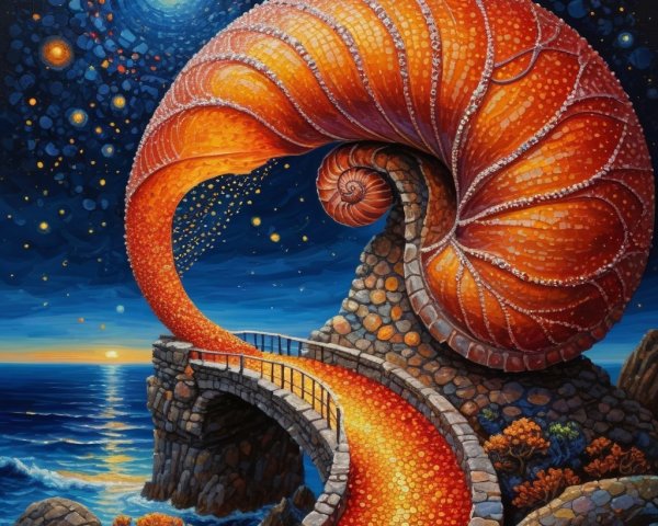 Surreal Landscape with Nautilus Shell and Starry Sky