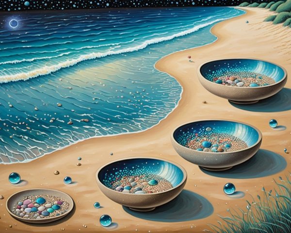 Serene Night Beach with Starry Sky and Decorated Bowls