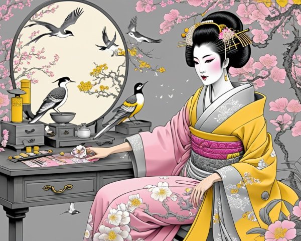 Japanese woman in vibrant kimono arranging petals