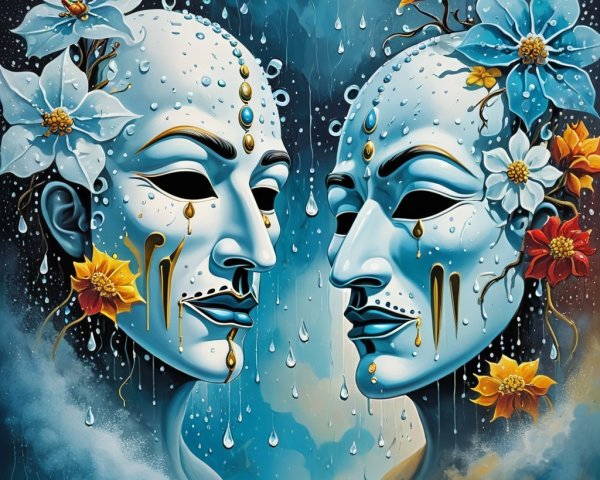 Stylized Mask Faces with Floral Accents and Emotion