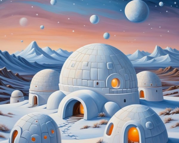 Futuristic Igloo Structures in a Twilight Landscape