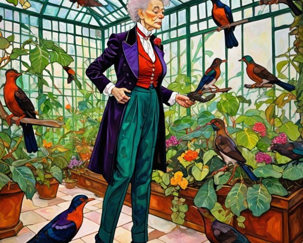 Elderly Woman in Vibrant Greenhouse Surrounded by Nature