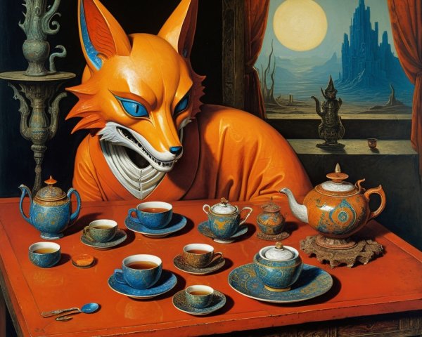 Anthropomorphic fox at a lavish tea table setting
