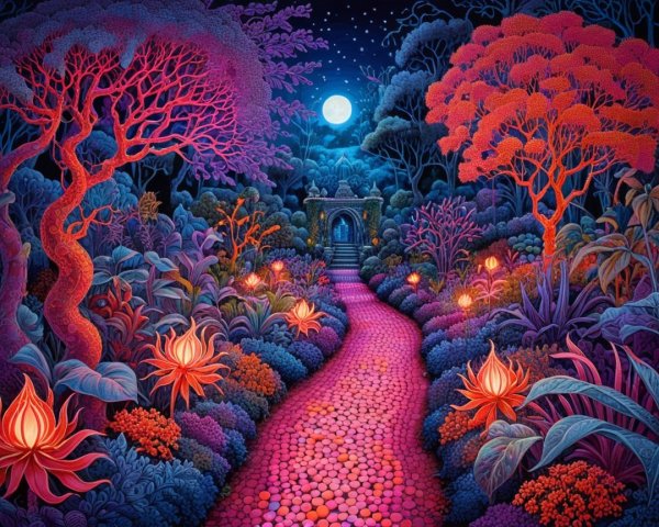 Surreal Garden Pathway with Glowing Flowers and Trees