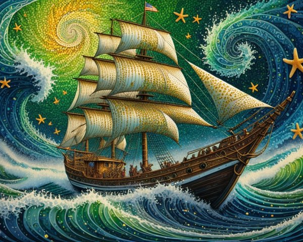 Majestic Sailing Ship Amidst Starry Sky and Waves