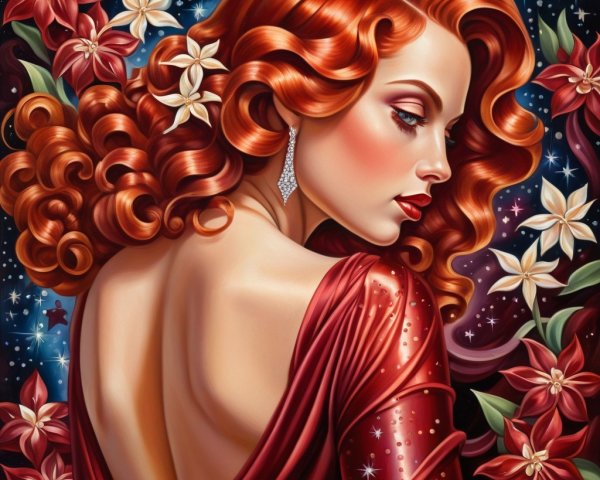 Striking Woman in Red Dress Amidst Floral Background