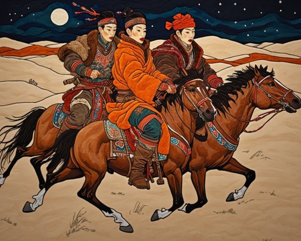 Riders in Vibrant Attire Gallop Through Desert Landscape