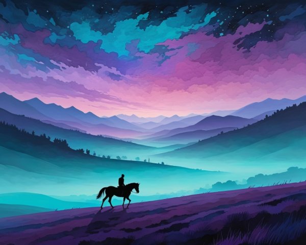 Serene Dusk Landscape with Horseback Rider and Hills