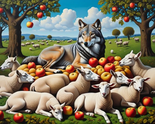Wolf Among Sheep in Vibrant Pastoral Landscape